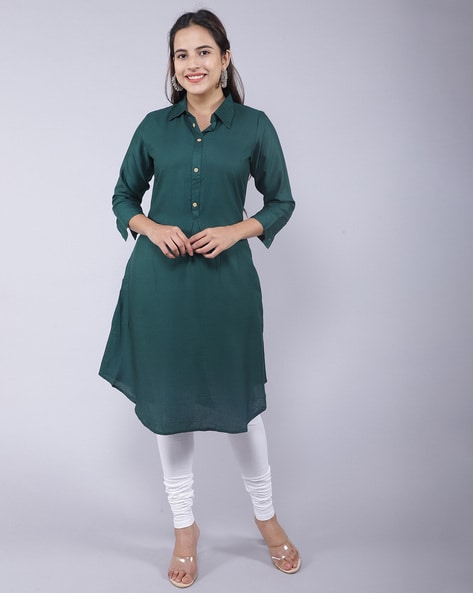 CEY Kurti With Show Button On Front In Sea Green And White | Thasho LLP
