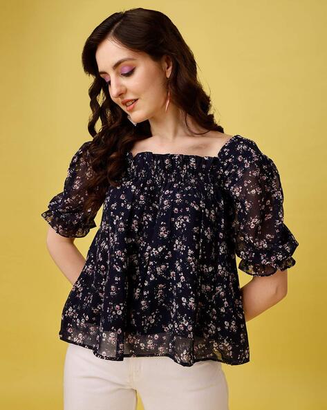 Stylish Navy Floral Square Neck Top