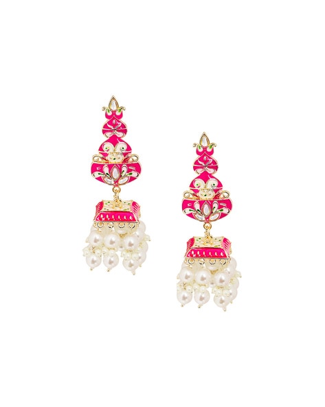 Pink jhumkas online with pearl