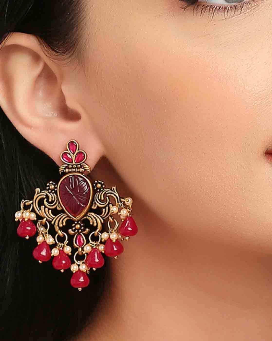 ERG086  1 Gram Gold CZ Ruby Emerald Stone Chandbali Earring Online  Buy  Original Chidambaram Covering product at Wholesale Price Online shopping  for guarantee South Indian Gold Plated Jewellery