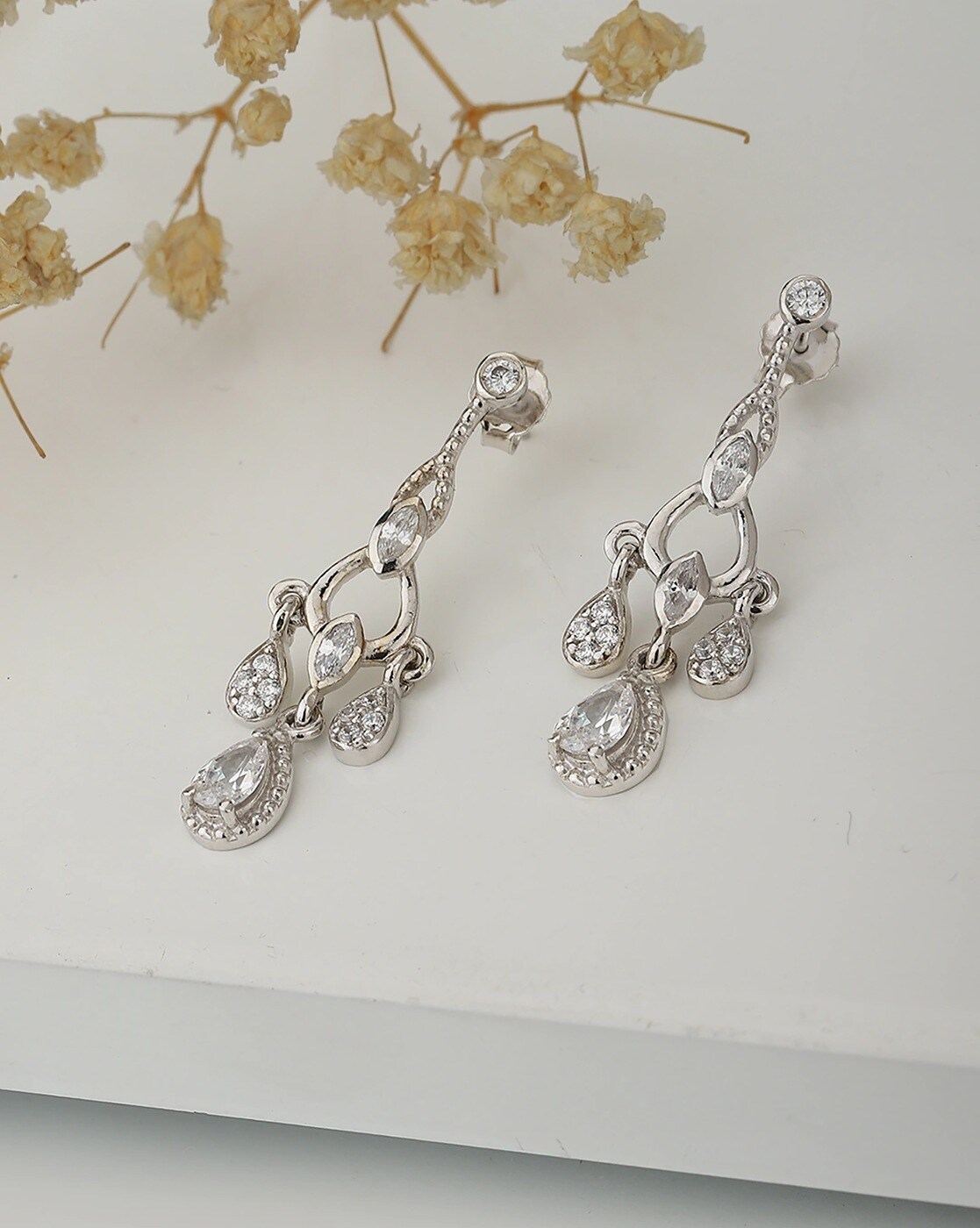 Ladies Vintage Sterling Silver Cubic Zirconia Bridal Drop Earrings