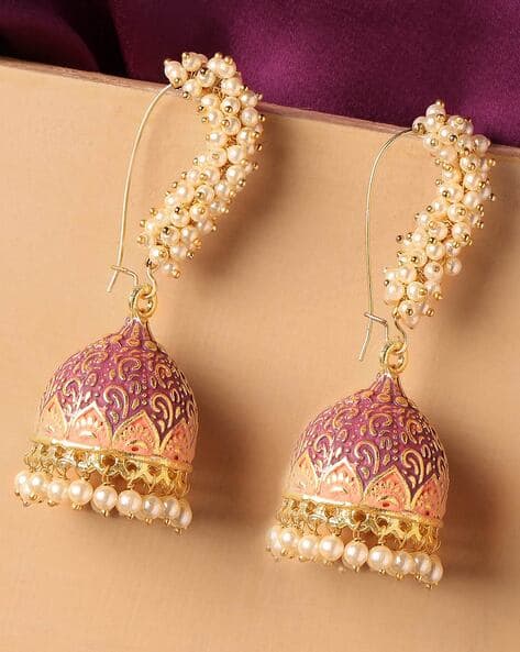 Fabula EBH50-Meenakari Jhumkas with Pearl Drops