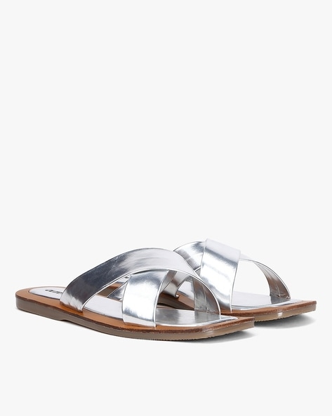 Silver leather flip flops hot sale