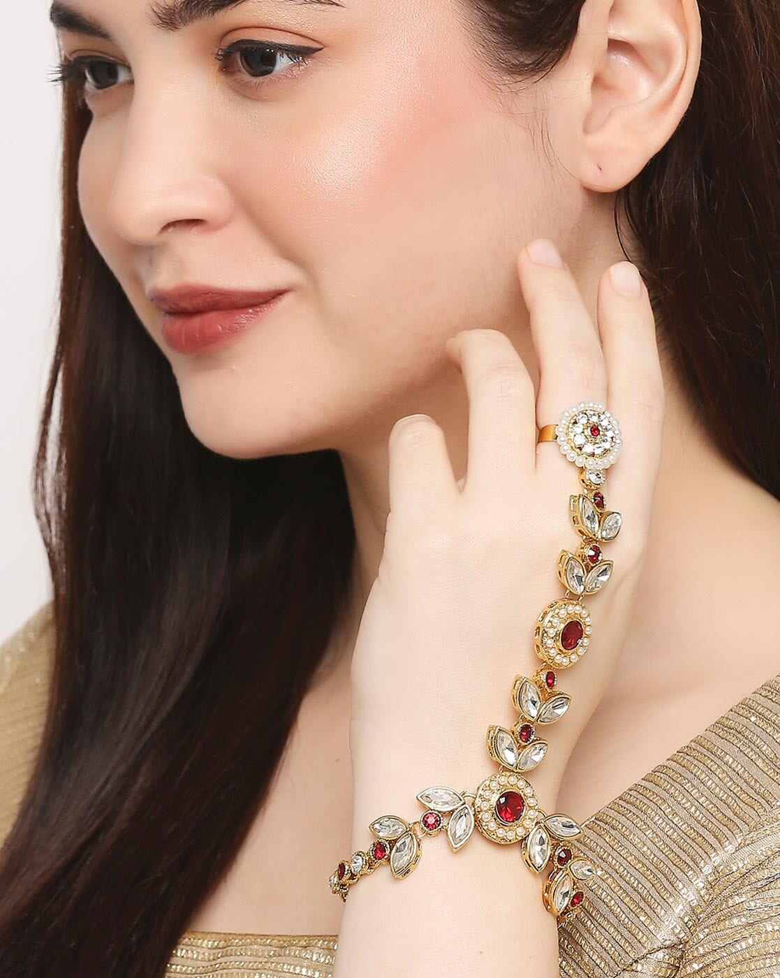 Women Gold-toned & Red Kundan Ring Bracelet, Hand Harness for Women, Haath  Phool, Bracelet With Adjustable Ring, Indian Traditional Bracelet - Etsy