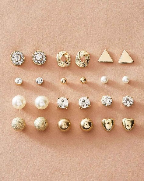 Fabula ESN117-Set of 12 Crystal & Pearl Stud Earrings
