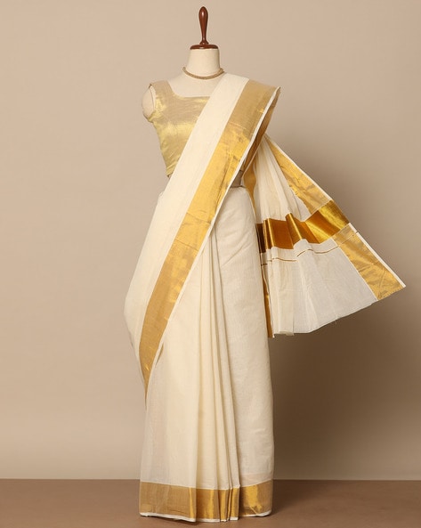 Off White Set Saree For Onam - Onam Saree Collection