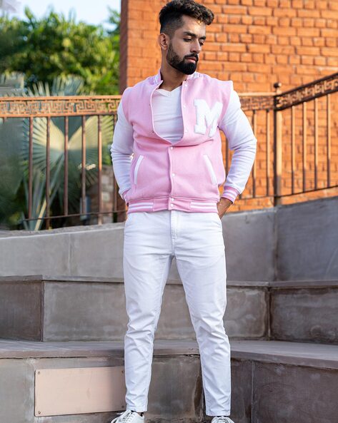 Pink jacket clearance white pants