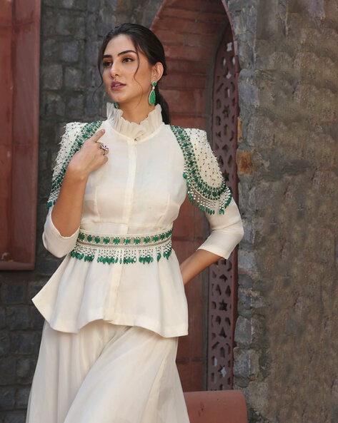 Edgy Peplum top in Apple Green colour with Sharara Pants all Embellished  with Gota and Zardosi and Dramatic Sleeves that adds an oomph to... |  Instagram
