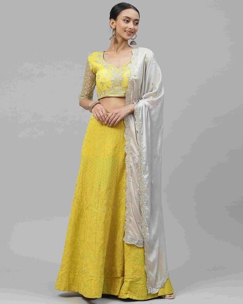 Buy Golden Yellow Resham Embroidered Silk Jacket Lehenga Online | Samyakk