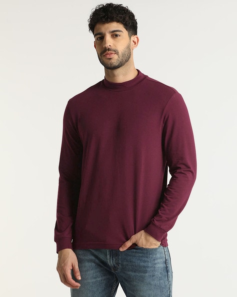 Regular Fit Mock-Neck T-Shirt with Full Sleeves
