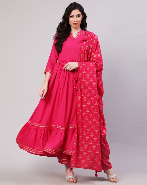Embellished Flared Kurta & Pants with Dupatta Set Price in India