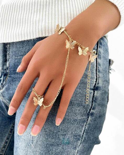 Cheap Vintage Connecting Hand Aesthetic Jewelry Y2K Female Rings Metal  Bracelets Finger Wrist Chains | Joom