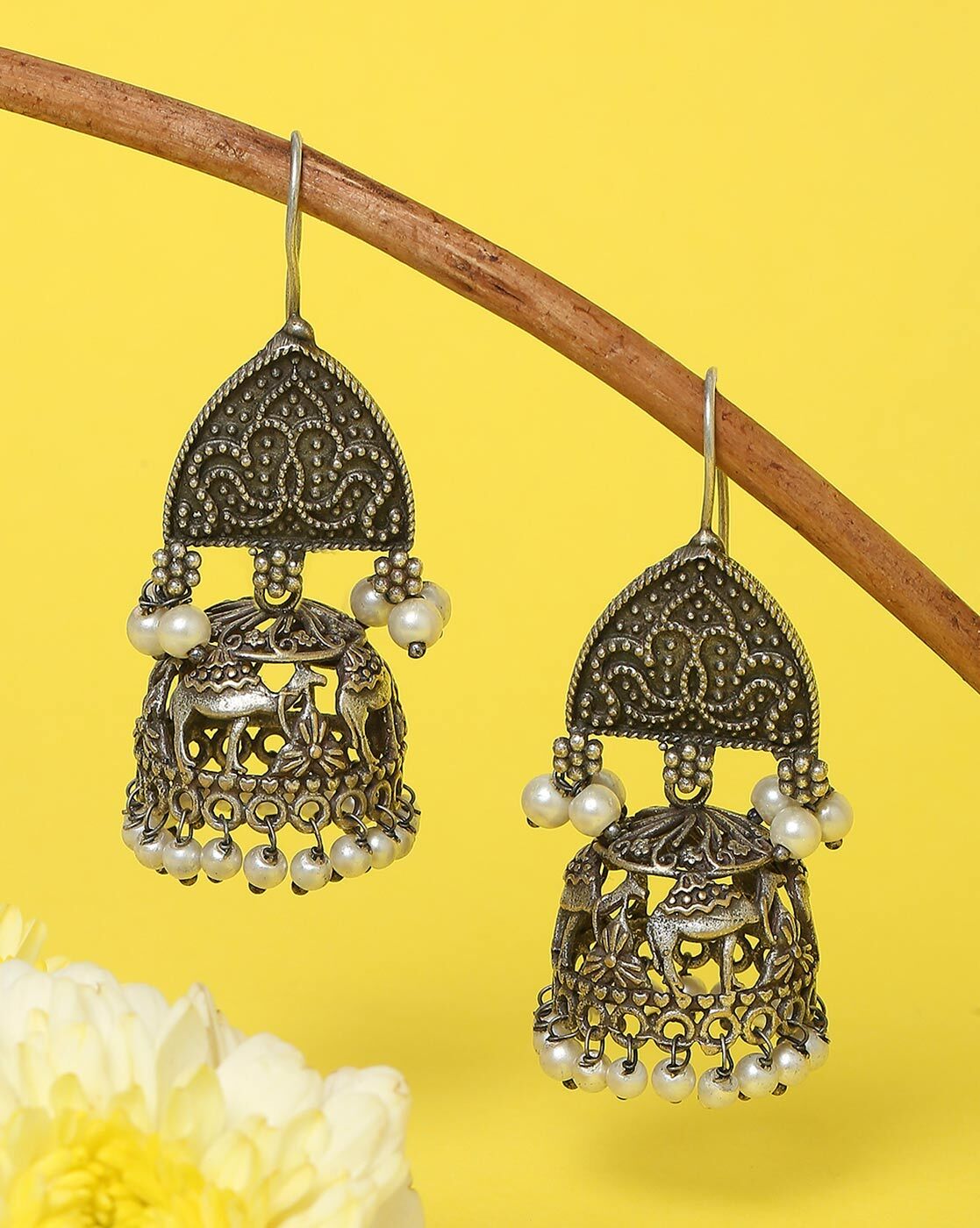 Gold Plated Rajasthani Jhumka Earrings Studded with pearls and ruby li