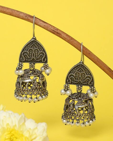 Rajasthani Silver polished Square Monalisa Stone Stud Dangler Earrings For  Women