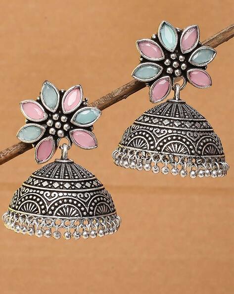 Silver Pearl Ethnic Jhumka Traditional Indian Earrings with Chain Statement  — Discovered