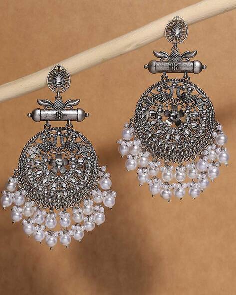 Oval Black Colour Pearl Silver Oxidised Chandbali Earrings, For Earing,  Size: Medium at Rs 99/piece in Agartala