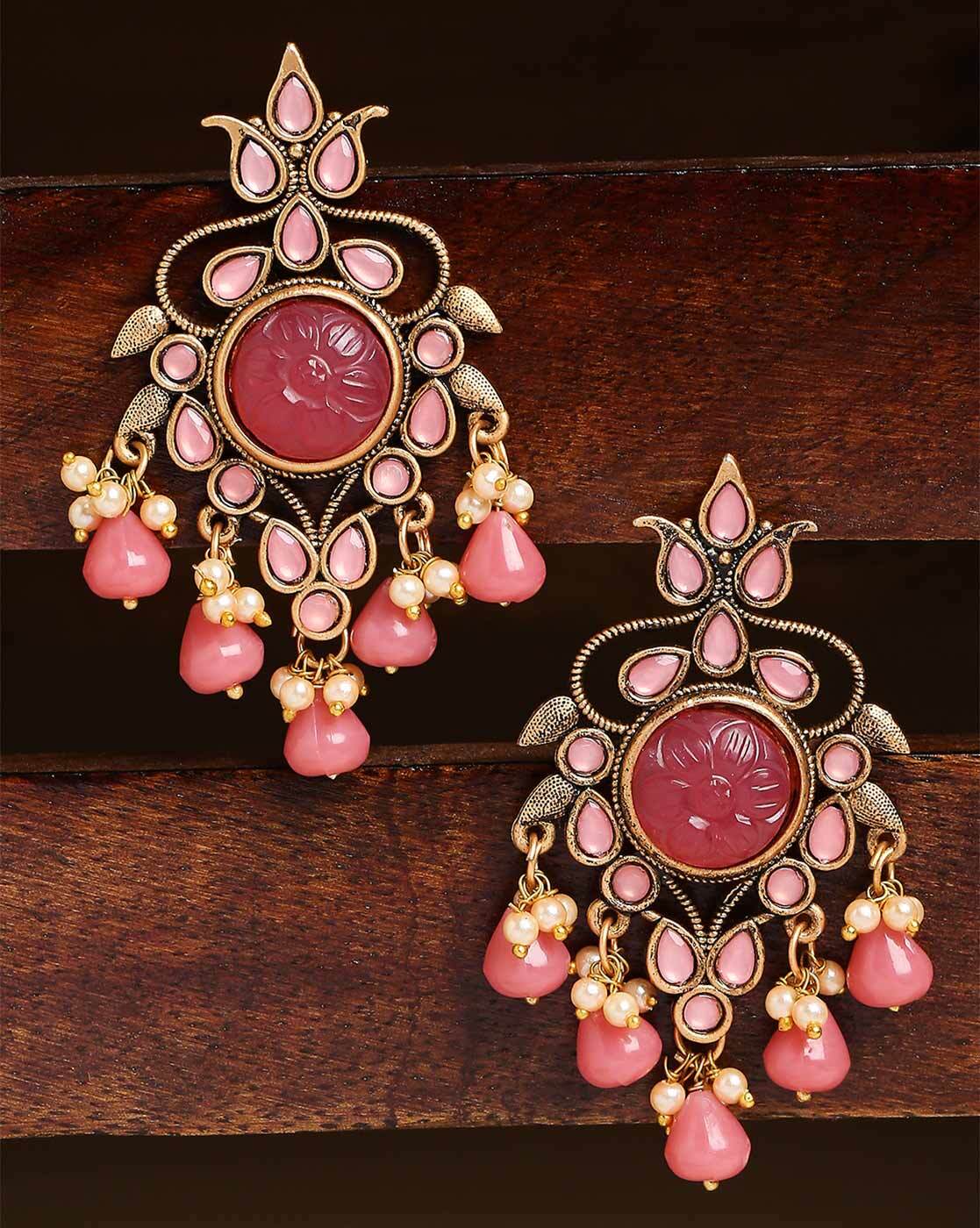 Hot Pink (Magenta) Polki And Beads Earrings Tikka Set – Amazel Designs