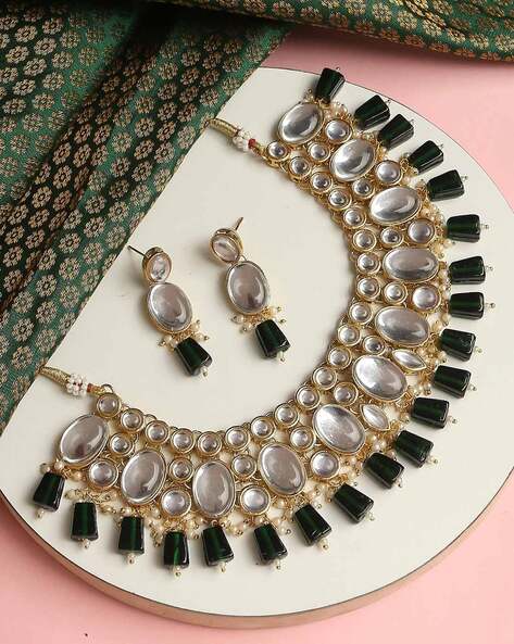 Jadau zircon gold platted real look hyderabadi necklace - Runjhun Jewellery  - 824859