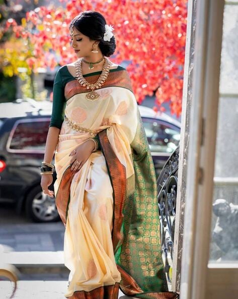 Off White Kanjivaram Saree - Urban Womania