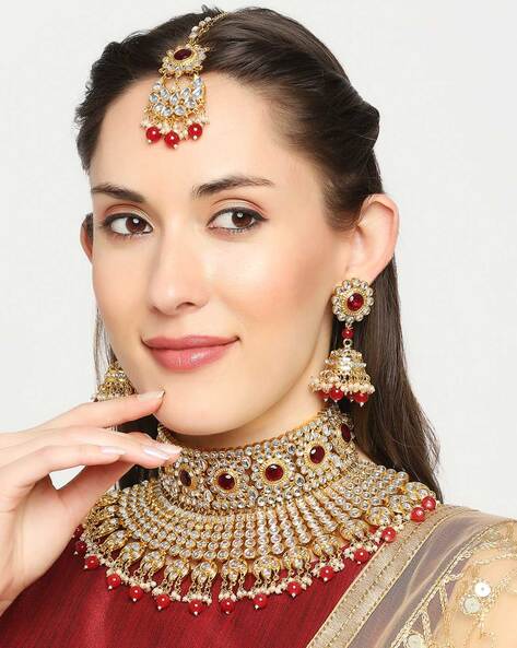 Shining Jewel Gold Plated Temple Jewellery Necklace Set with Maching J