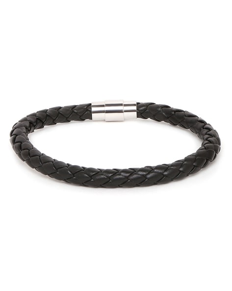 Black Braided Leather Bracelet, Stainless Steel Clasp | Castellojewels