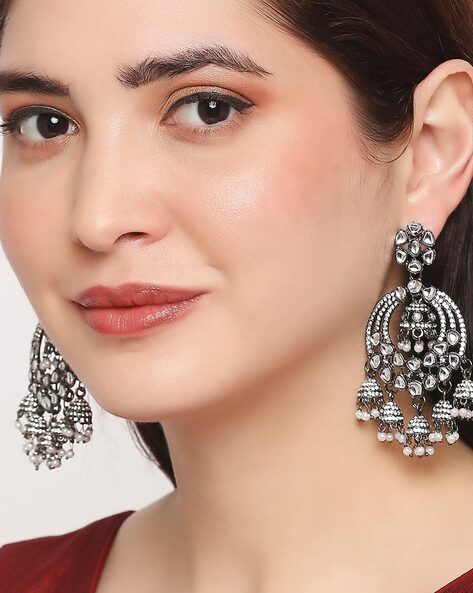 Beautiful Mirror Studded Silver Oxidised Chandbali Earrings - naariverse.com