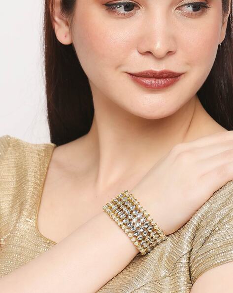 White gold polish hath phool ring bracelet for women