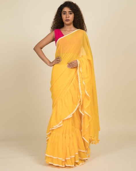 Shop Yellow designer Ruffle Sarees for Women Online | Aza Fashions