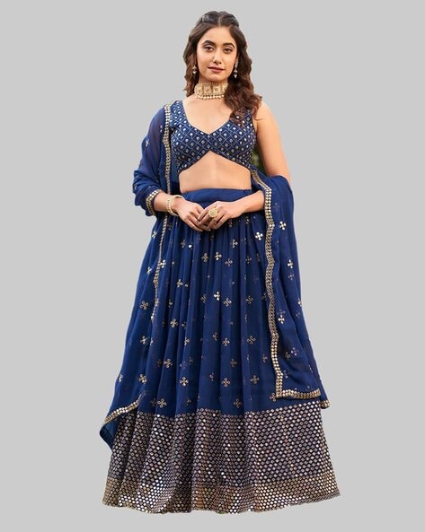 Buy HALFSAREE STUDIO Women Cream and Navy Blue Solid Banarasi Silk and Net  Lehenga with Blouse and Dupatta Online at Best Prices in India - JioMart.