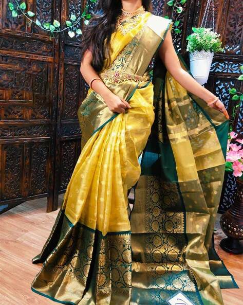Golden Yellow & Pink Woven Banarasi Silk Saree - Urban Womania
