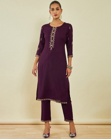 Navy Blue Chinon Floral Embroidered Palazzo Suit Set with Dupatta at Soch