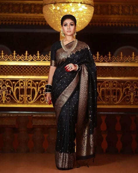 Black & Mustard | Temple Border | Handwoven Pure Silk Kanjivaram Saree –  Panjavarnam