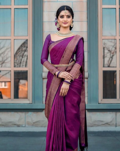 Buy HOUSE OF BEGUM Purple Women's Purple Banarasi Satin Silk Saree With  Stone Work with Blouse Piece | Shoppers Stop