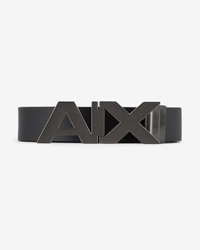 Leather Belt with Logo Buckle Closure