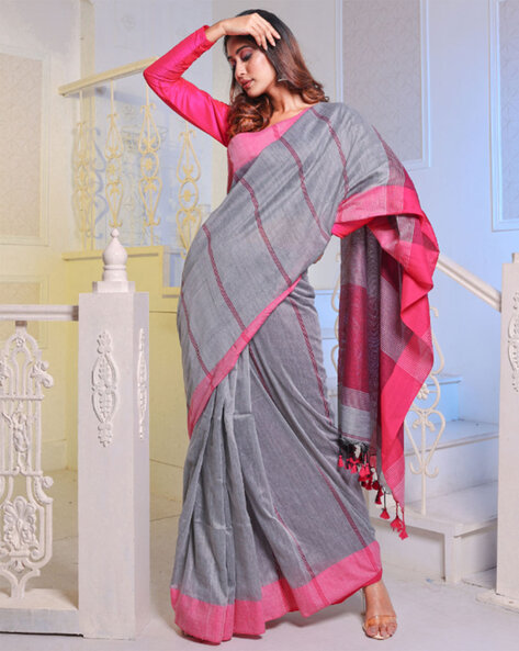 Banarasee Semi-Katan Zari Buta & Contrast Border Saree-Grey & Pink