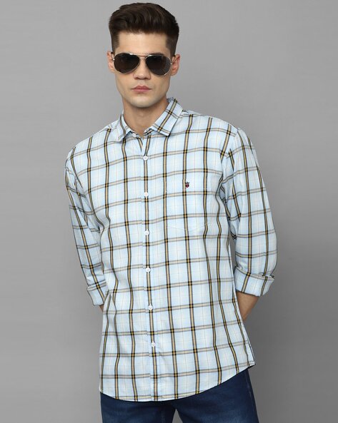 Louis Philippe White Cotton Slim Fit Checks Shirt