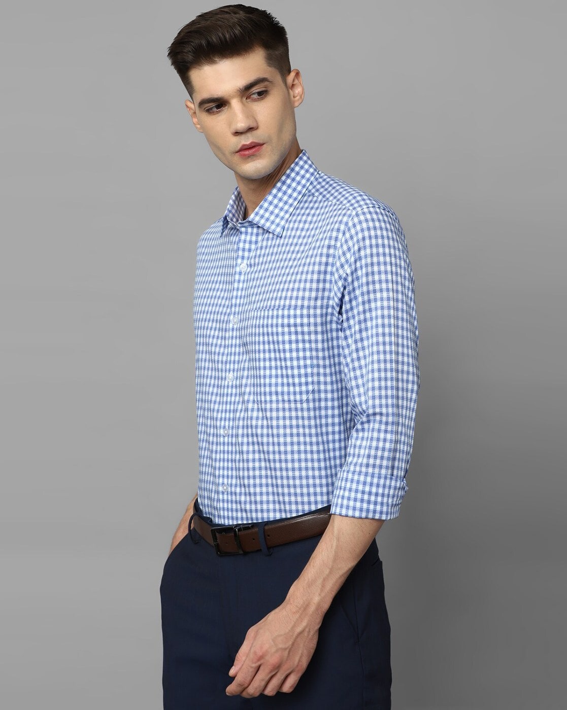 Louis Philippe Checkered Light Blue Mens Shirts - Get Best Price