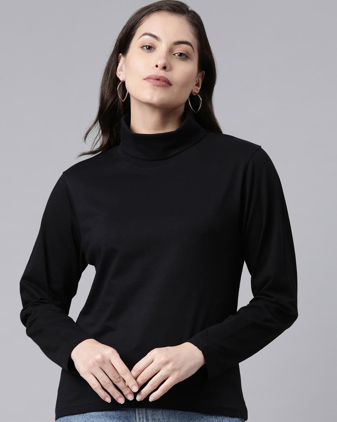 トップス ENFOLD HIGH-NECK SHIRT-SLEEVE T-SHIRT38 Buy GESPO Cotton Blend High Neck T-Shirts for Women Color-Black