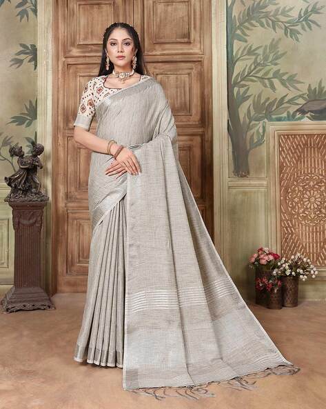 Buy HandwovenGrey Linen Saree with zari border Online at Best Prices in  India - Hecmo