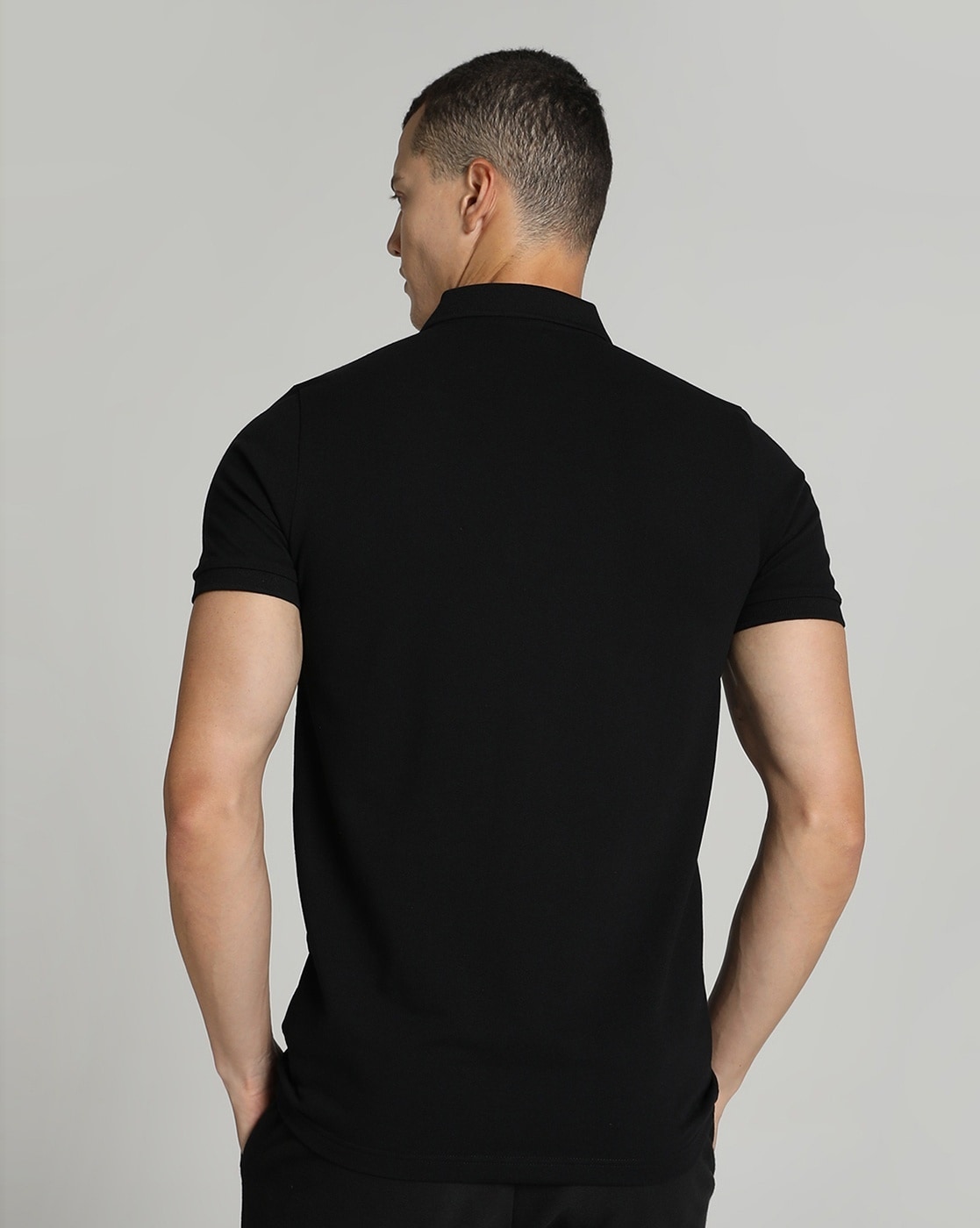 Black polo shirt outlet back view