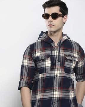 the indian garage co Checked Hooded Shirt with Flap Pockets-picture-16