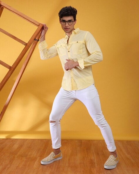 Trendy look Yellow cotton linen shirt with white pants | Priya Chaudhary