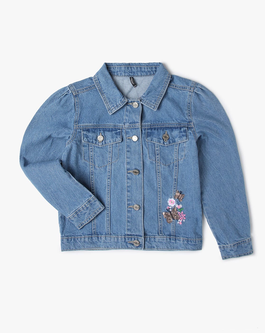 Girls Full Sleeve Denim Jacket Patchwork And Frill Details-Blue