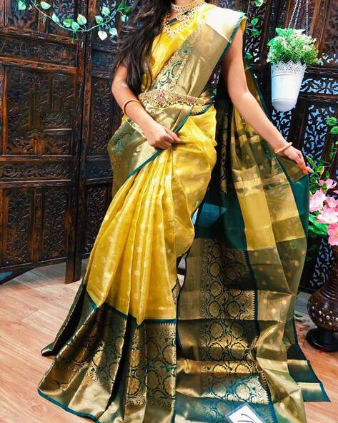 Buy Yellow Brocade Silk Saree With Contrast Border And Unstitched Blouse-atpcosmetics.com.vn
