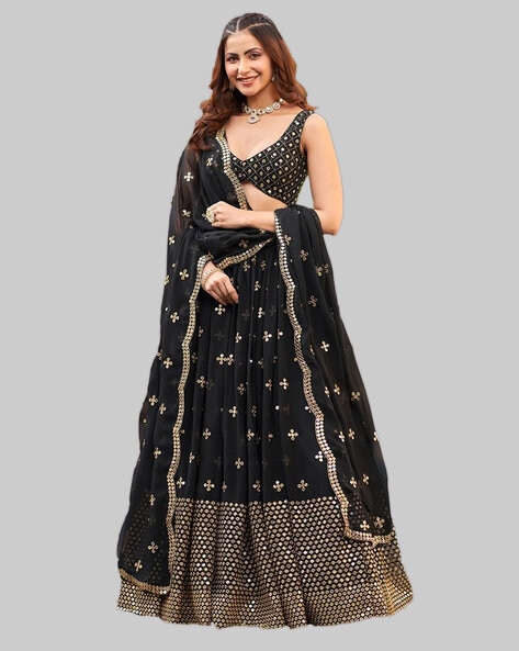 Raw Silk Lehenga Choli In Black Colour