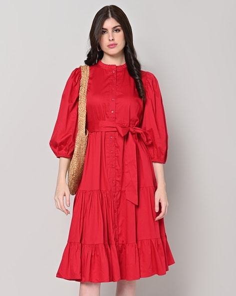 Hot Red Tie-Up Straps Designer Cotton Dress For Women Online
