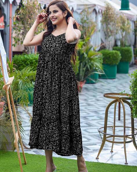 Buy NEW KURTI Rayon Floral Printed Indian Jaipuri Anarkali Kurtis for Women  (Black) at Amazon.in