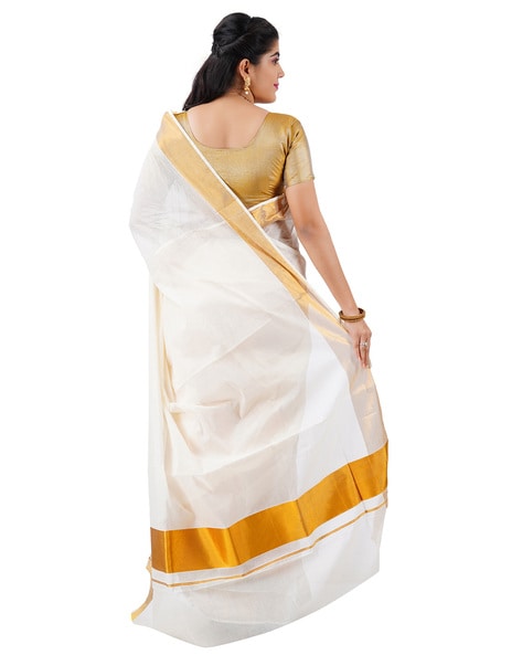 Onam Special Off White Cotton Saree With Green Border 2023