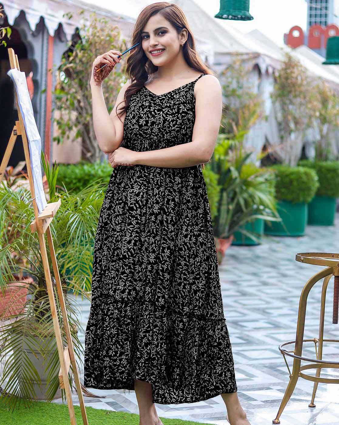 Impressive Black Digital Printed Cotton Silk Readymade Anarkali Kurti