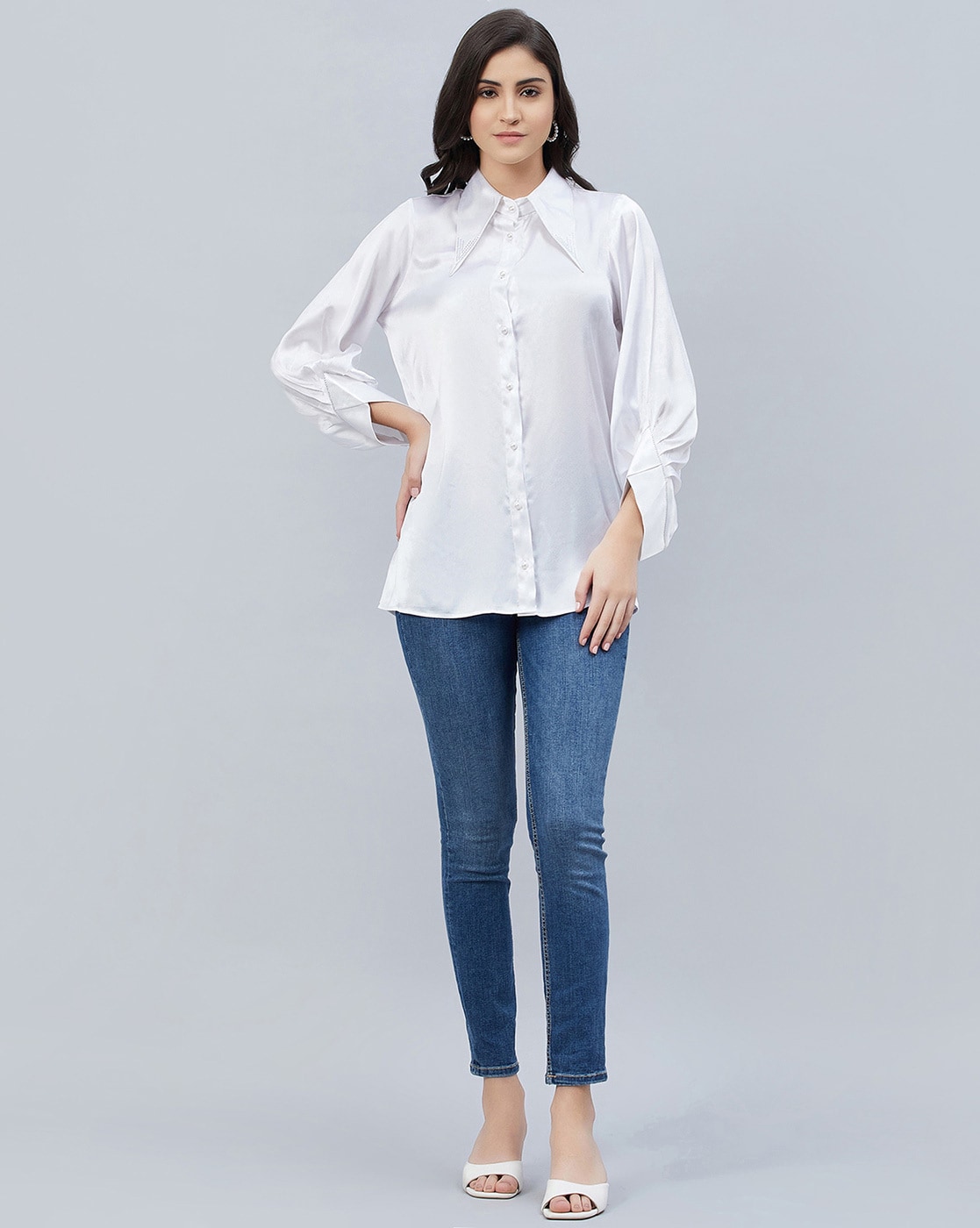 Buy First Resort by Ramola Bachchan First Resort by Ramola Bachchan Classic  Embellished Detail Satin Casual Shirt at Redfynd